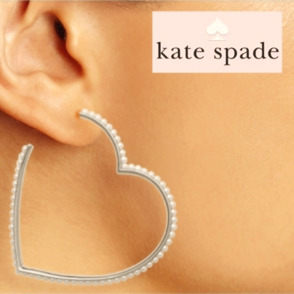 Kate Spade Silver Tone Surgical Steel Pearl Heart Hoop Earrings